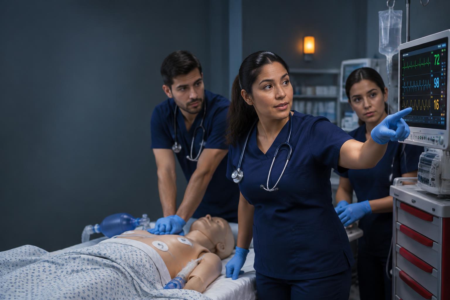 Equipo de enfermería durante una simulación clínica de emergencia